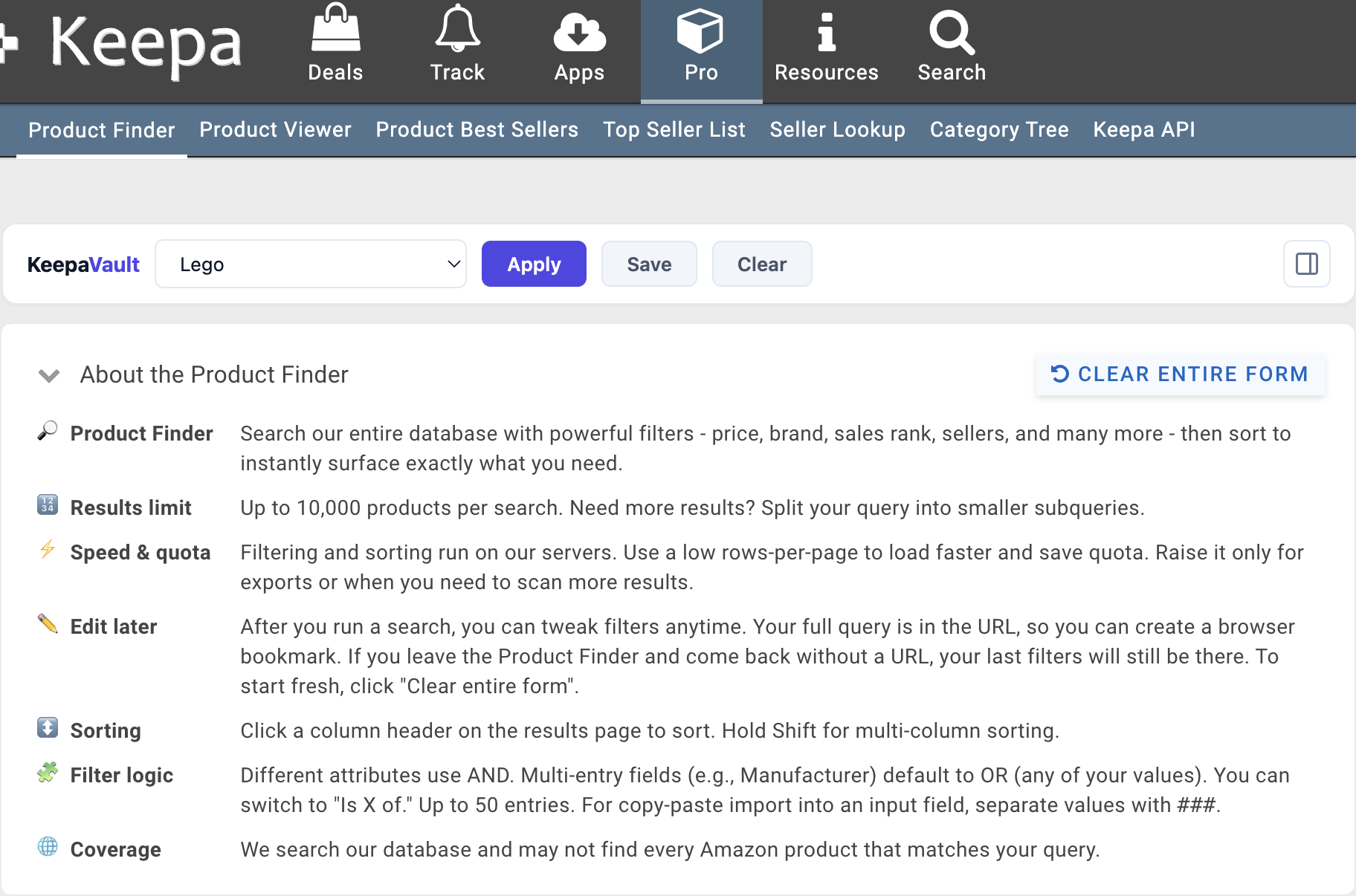 KeepaVault toolbar injected into Keepa Product Finder with Apply, Save, and Clear buttons
